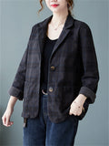 Women's Casual Retro Long Sleeve Plaid Suit Collar Jacket