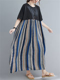 Bohemian Style Contrast Color Stripes Female Round Neck Oversized Dress