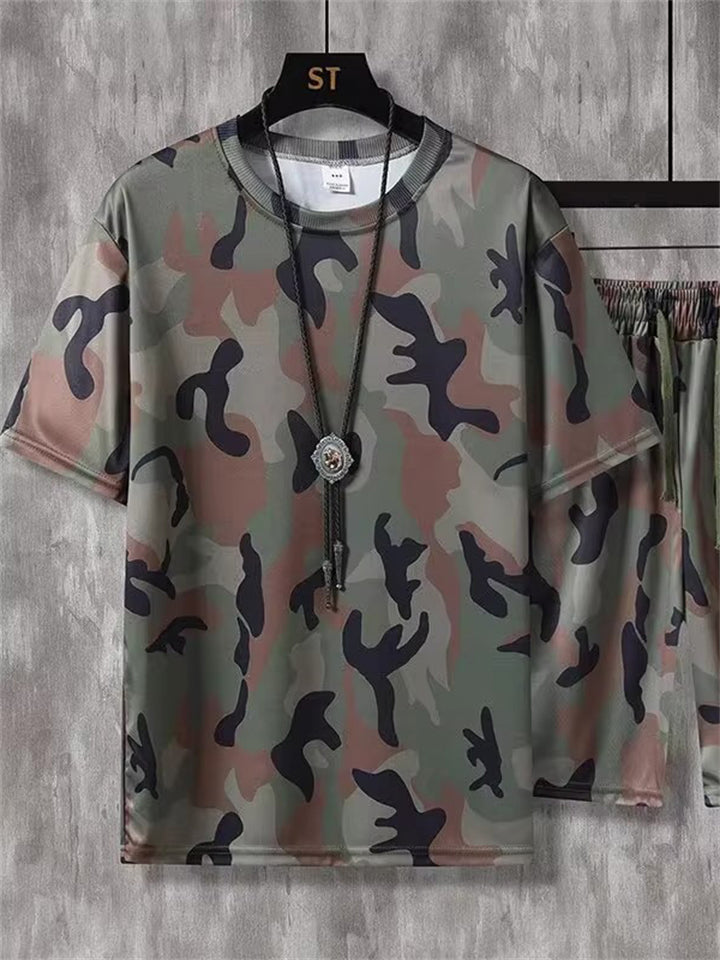 Plus Size Men's 2Pcs Summer Retro Camouflage Print Short Sleeve Outfits