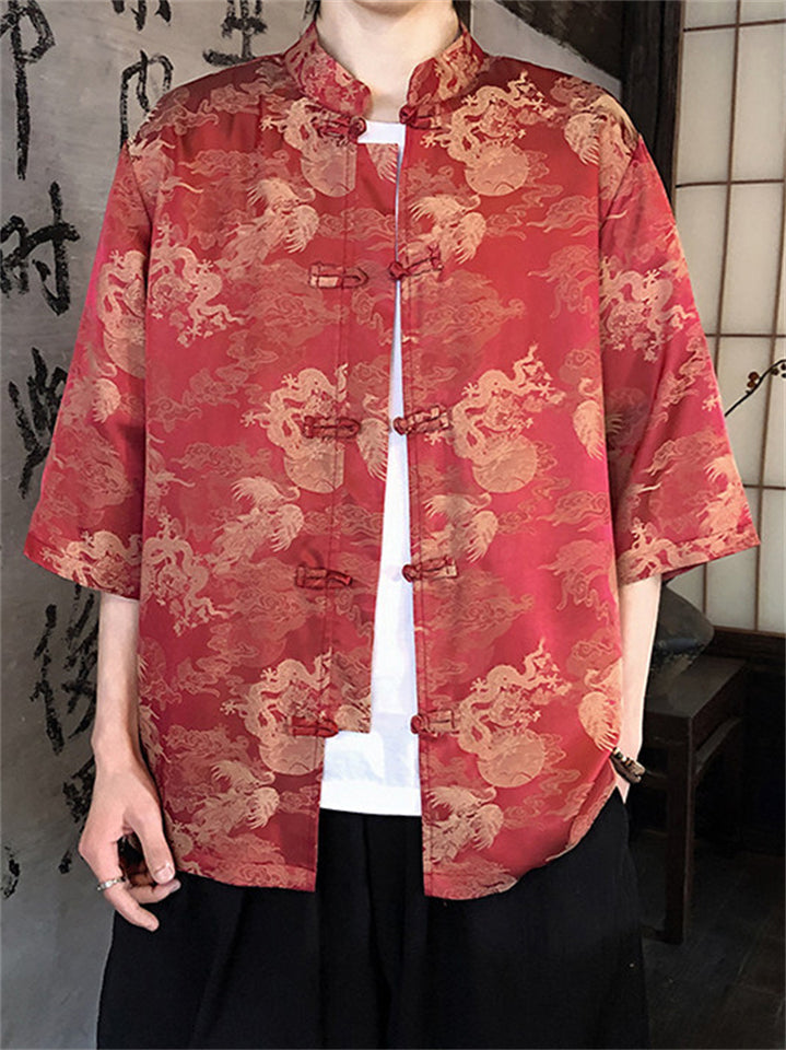 Men's Chinese Style Dragon Phoenix Jacquard Short Sleeve Tangsuit Shirts