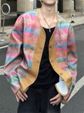 Men's Trendy Dopamine Contrast Color V Neck Button Up Jackets