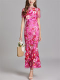Elegant 3D Floral Embroidery Women's Sabrina Neckline Maxi Dress