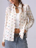 Women's French Style Flowers Embroidery Cotton Lapel Shirt