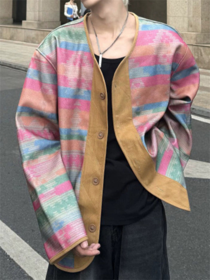 Men's Trendy Dopamine Contrast Color V Neck Button Up Jackets