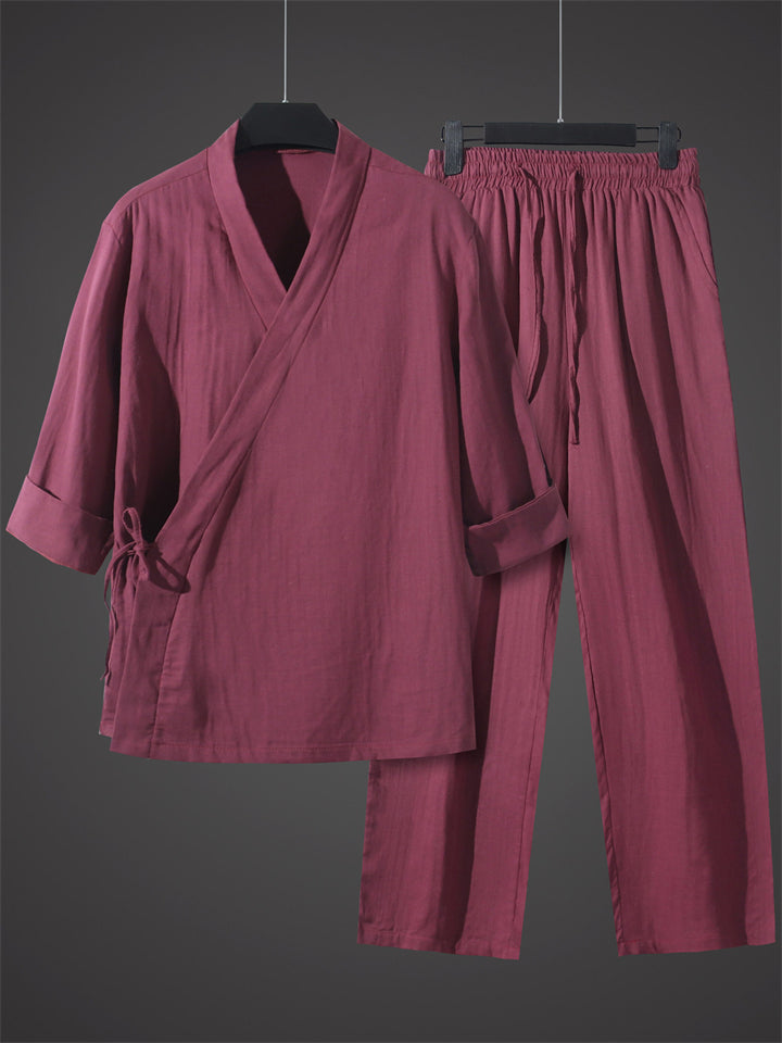 Men's Casual Solid Color 3/4 Sleeve Lace Up Half Sleeve Outfits