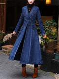 Women's Long V Neck Retro Embroidery Denim Cardigan Coat
