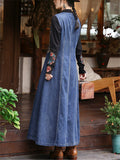 Women's V-neck Sleeveless Floral Embroidery Denim Split Tank Dress