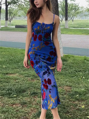 Retro Blue Women's Sleeveless Backless Slip Midi Dress