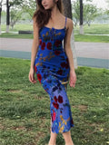 Retro Blue Women's Sleeveless Backless Slip Midi Dress