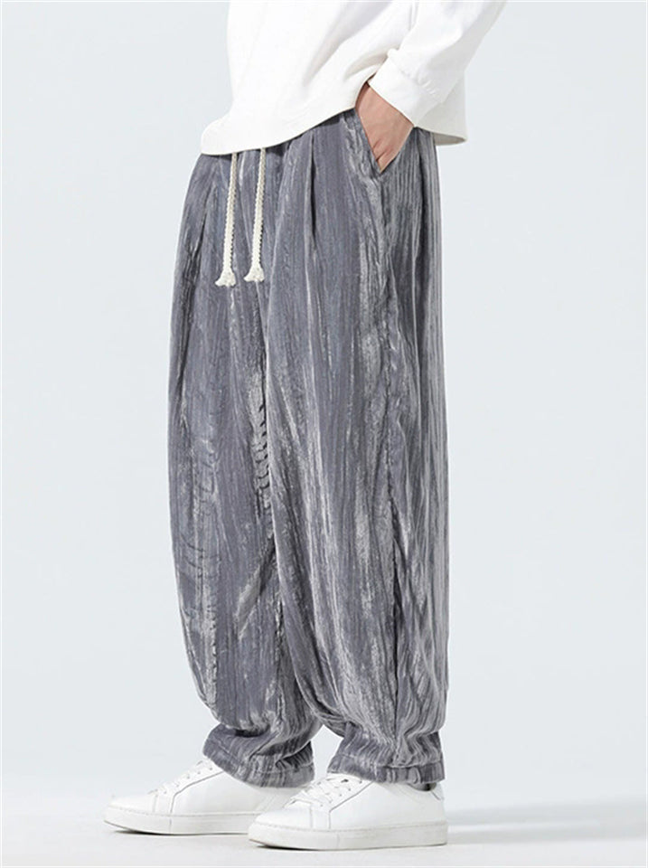 Vintage Asian Style Elastic Waist Wrinkled Velvet Pants
