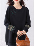 Women's Loose Black Embroidery O-Neck Pullover Sweatshirt