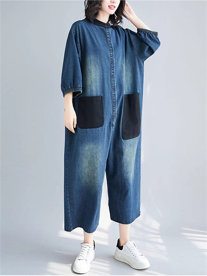 Retro Female Contrast Color Pockets Denim Jumpsuits
