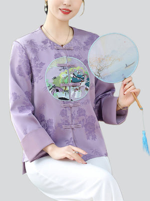 Ancient Style Embroidery Women's Round Neck Silk Jacket