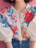 French Style Floral Print Puff Short Sleeve Shirt for Women