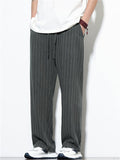 Mens Cotton Linen Striped Casual Beach Wear Wide Leg Pants