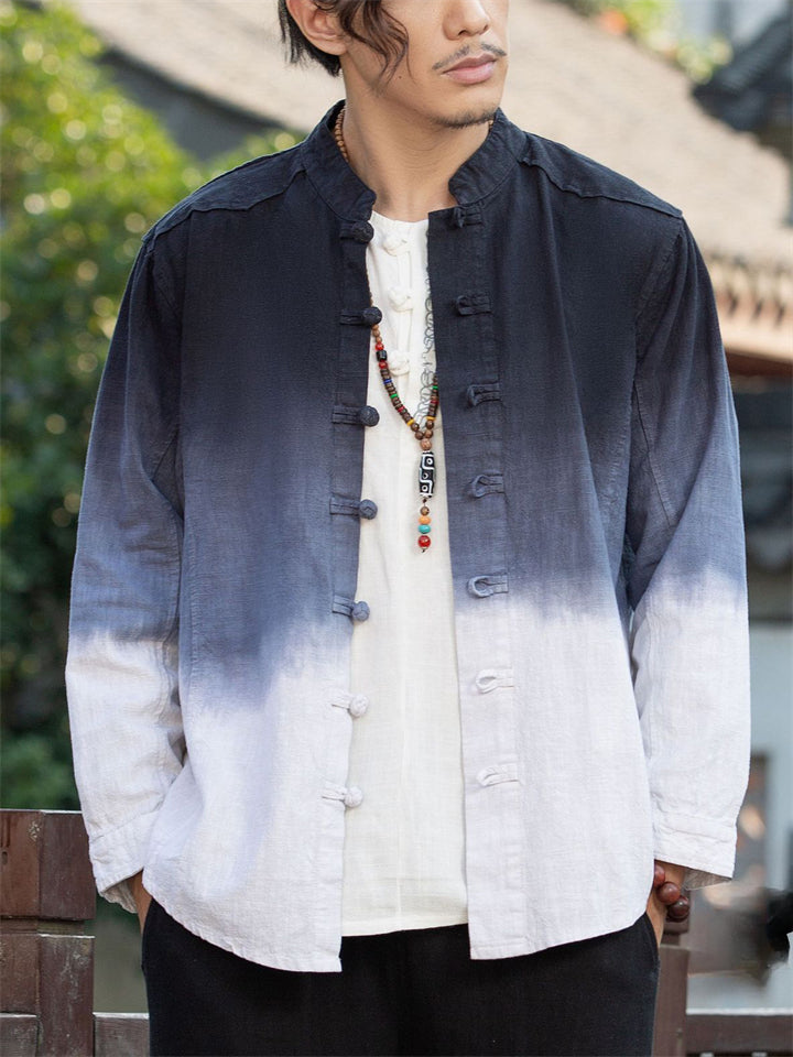 Men's Casual Linen Tie-dye Contrast Color Long Sleeve Shirts