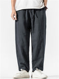 Men's Casual Linen Solid Color Drawstring Cropped Pants