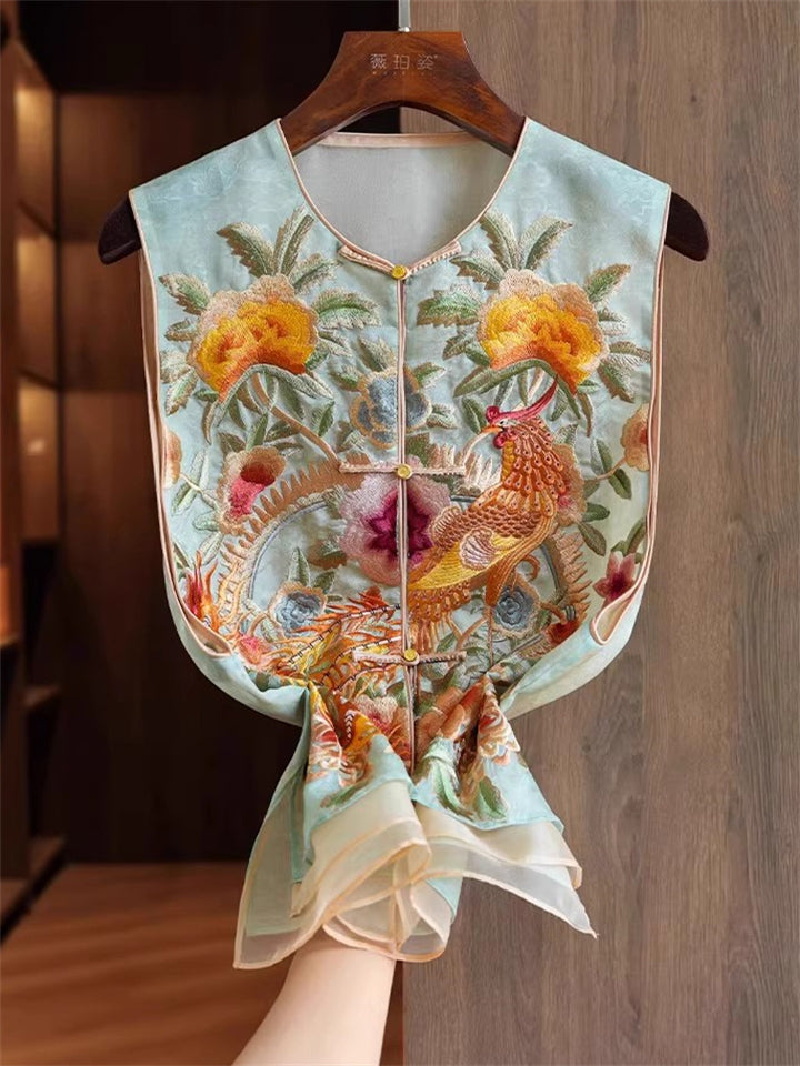 Women's Trendy Phoenix and Peony Embroidered Sleeveless Summer Vest