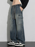Men Wide Leg Cargo Jeans Vintage Washed Loose Fit Denim Pants