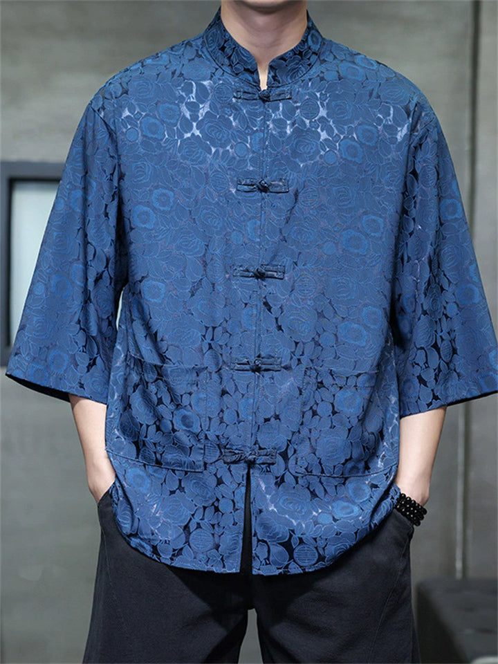 Men's Summer Cool Roses Jacquard Frog Button 3/4 Sleeve Tangsuit Shirts