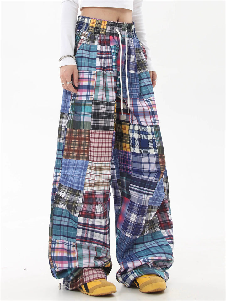 Women's Retro Lazy Style Patchwork Plaid Wide Leg Pants