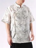 Summer Men's Slant Placket Bamboo Print Short Sleeve Shirts