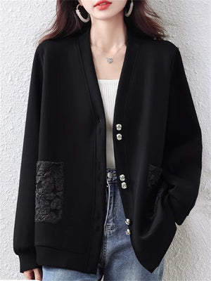 Women's Black V-neck Single Breasted Pockets Long Sleeve Jacket