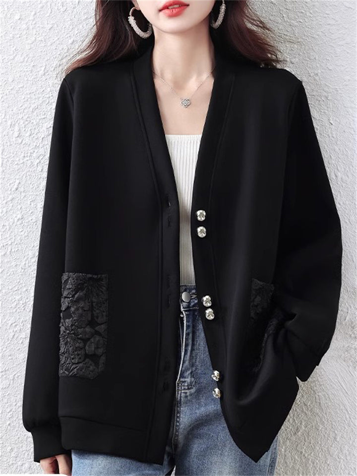 Women's Black V-neck Single Breasted Pockets Long Sleeve Jacket