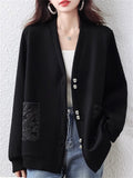 Women's Black V-neck Single Breasted Pockets Long Sleeve Jacket