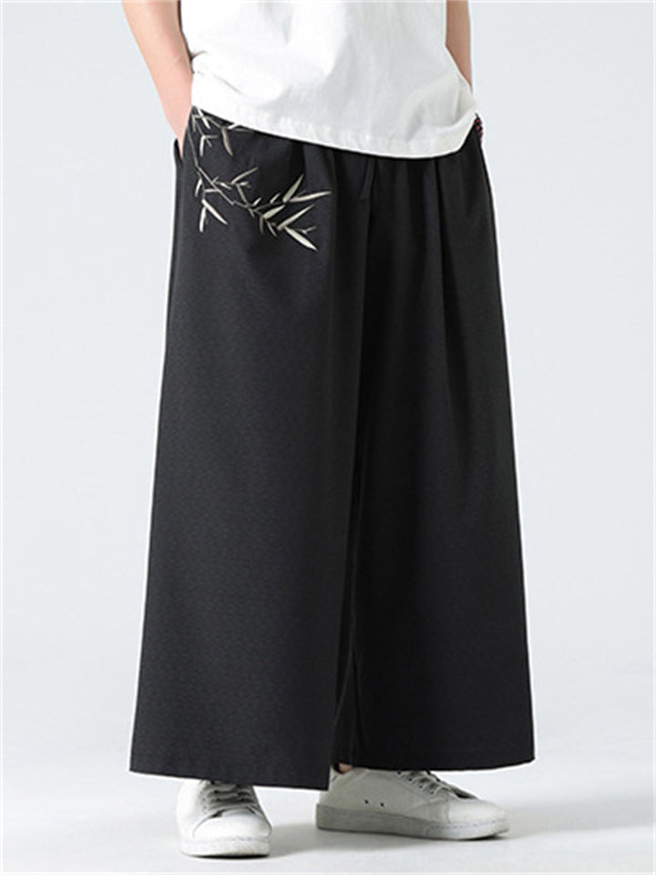 Men's Summer Chinese Style Bamboo Embroidery Wide Leg Pants