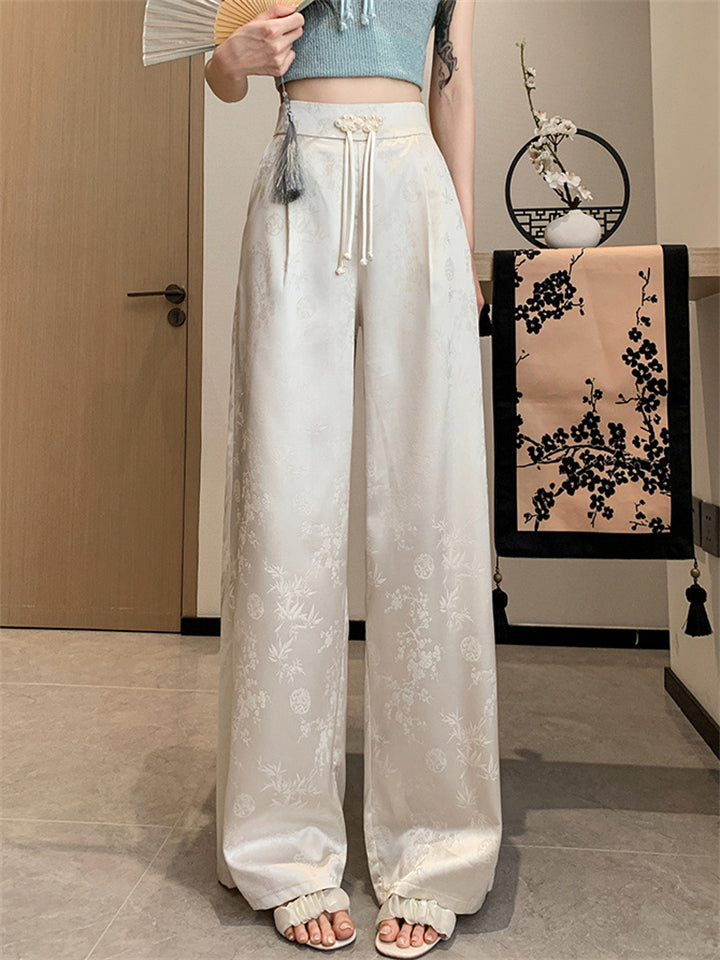 Women's Stylish Chinese Style Floral Jacquard Satin Wide Leg Pants