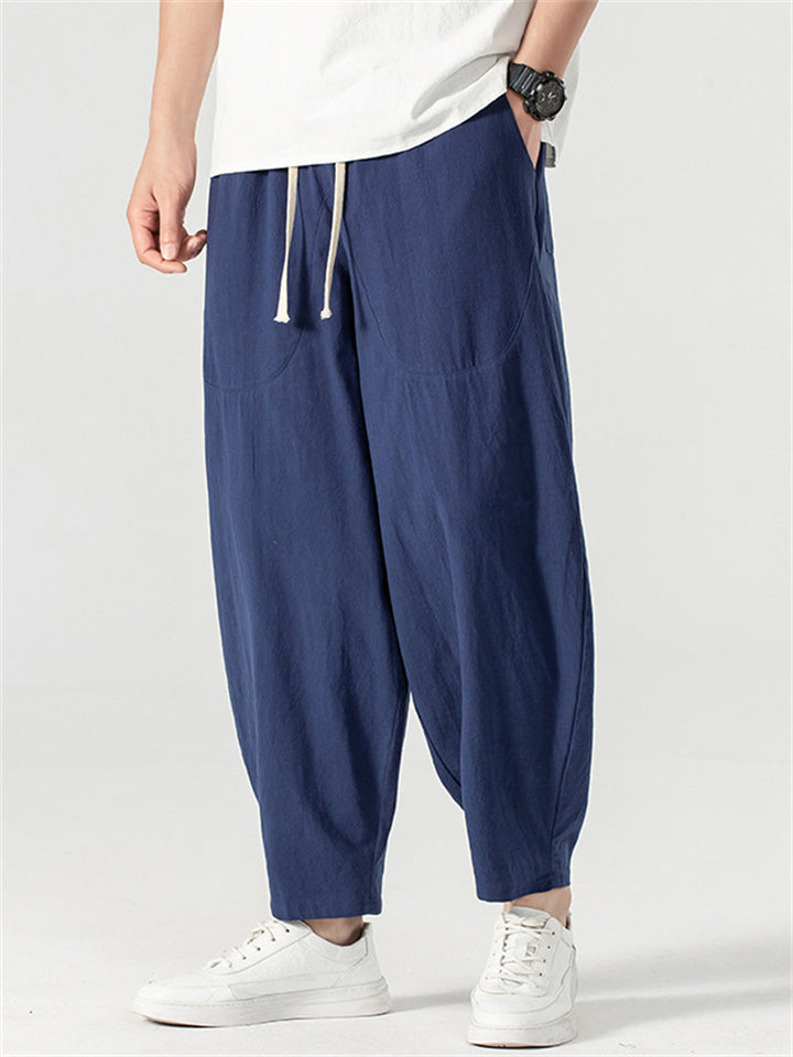 Plus Size Men's Cotton Solid Color Wide Leg Cropped Pants