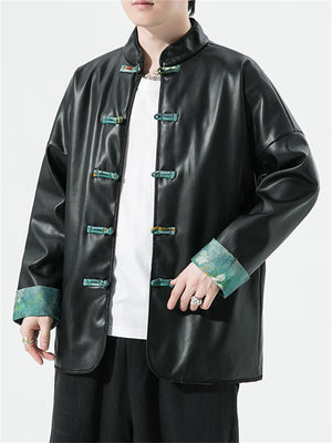 Men's Trendy Black Artificial Leather Knot Button Jacket