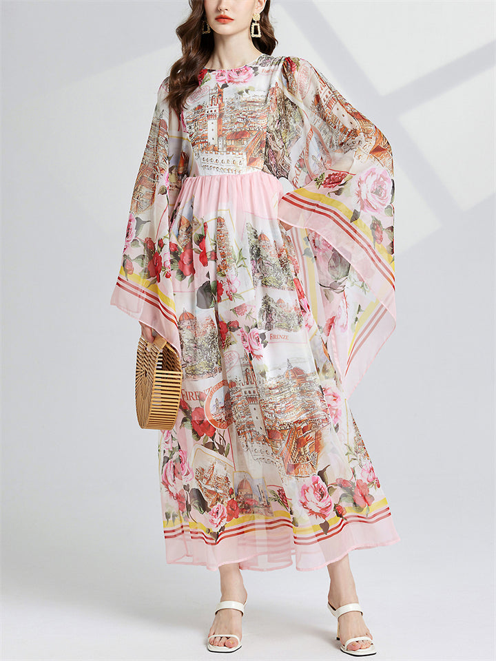 Women's Elegant Round Neck Print Flare Sleeve Maxi Dress