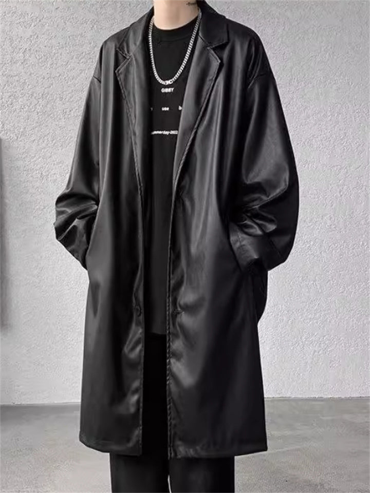Retro Solid Color Suit Collar Mid Long Trench Jacket for Men