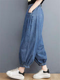 Women's Elastic Waist Wide Leg Cropped Jeans