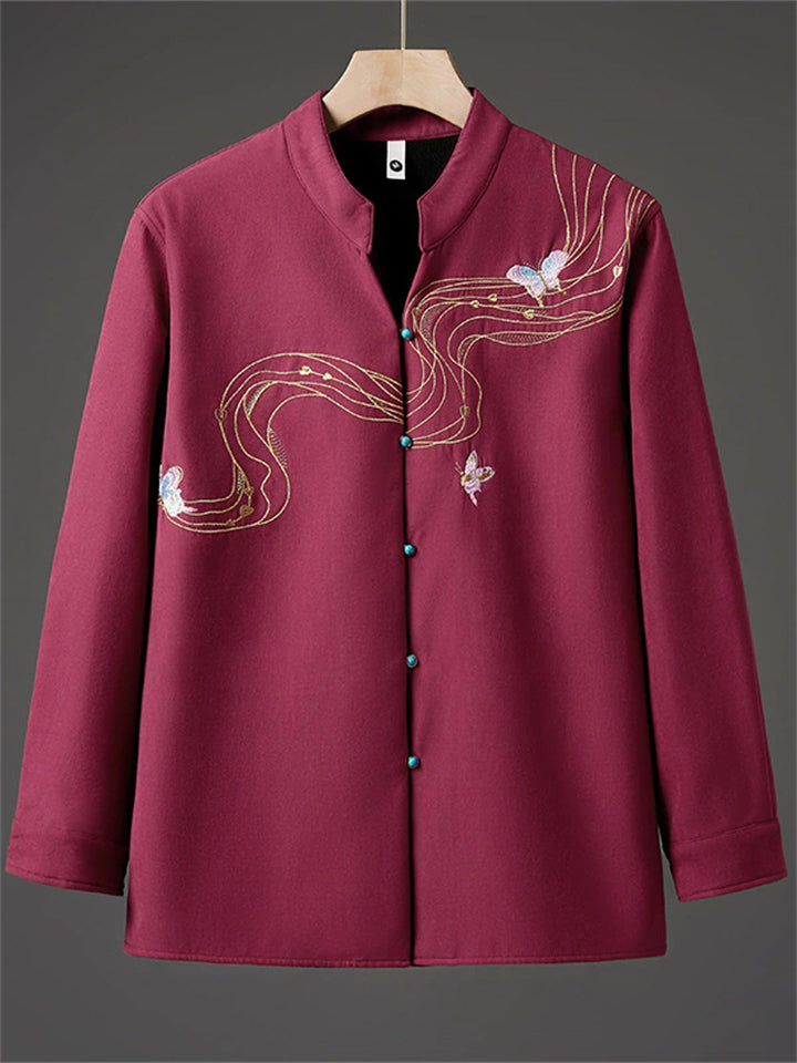 Men's Autumn Fleeced Lining Chinese Style Embroidery TangSuit Shirts