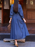 Women's Artsy O-neck Ethnic Embroidery Pockets Denim Dress