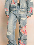 High Street Print Patchwork Unisex Wide Leg Denim Pants