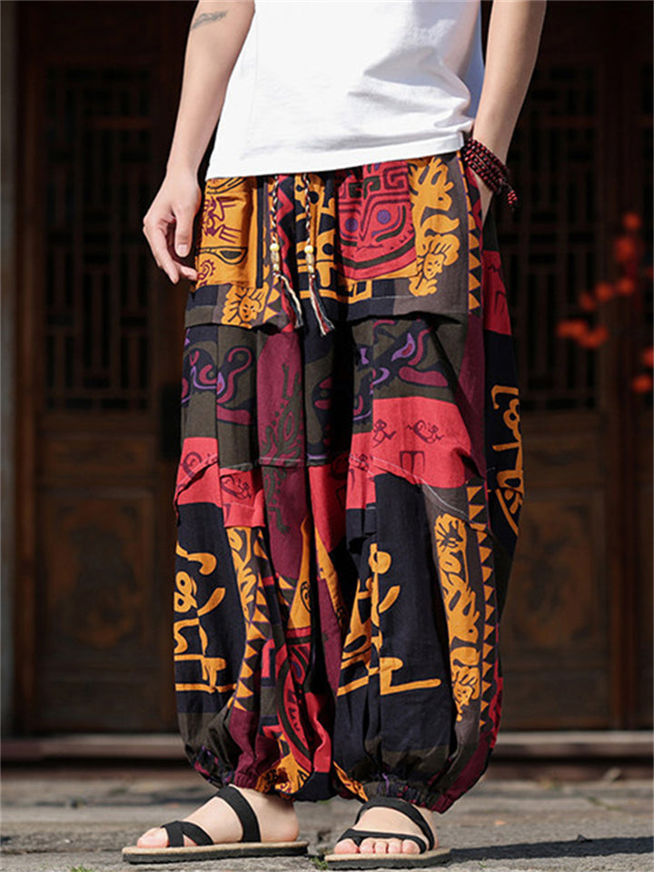 Men's Tribal Print Wide Leg Cropped Baggy Harem Pants