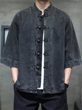 Chinese Style Retro Stand Collar Frog Button 3/4-sleeved Denim Shirt