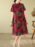 Women's Retro Flowers Print Red  A-Line Cheongsam Dress