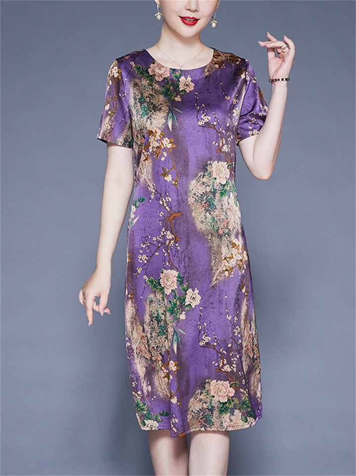 Flower Print O-neck Short Sleeve A-Line Dress for Women