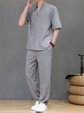 Men's 2Pcs Comfy Stand Collar V Neck Short Sleeve Solid Color Outfits