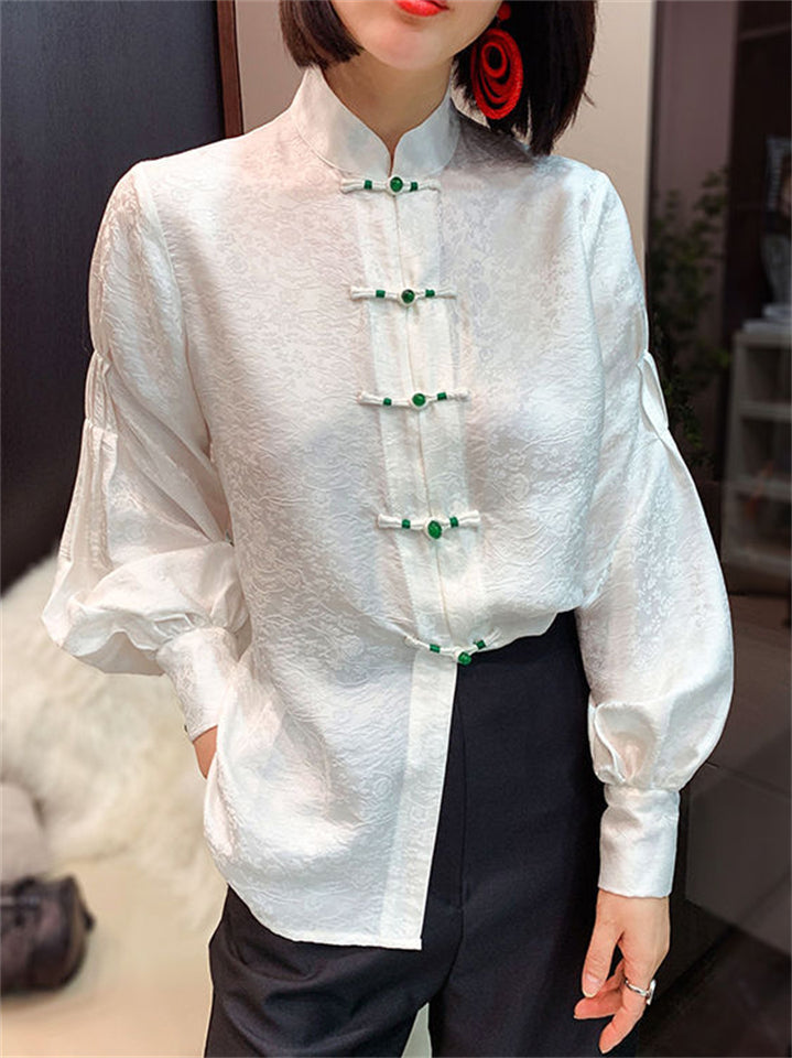 Chinese Style White Jacquard Lantern Sleeve Shirt for Women