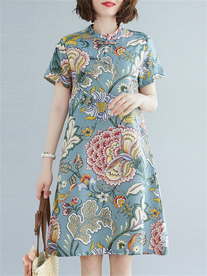 Summer Female Floral Print Round Neck Elegant Knee Length Dress