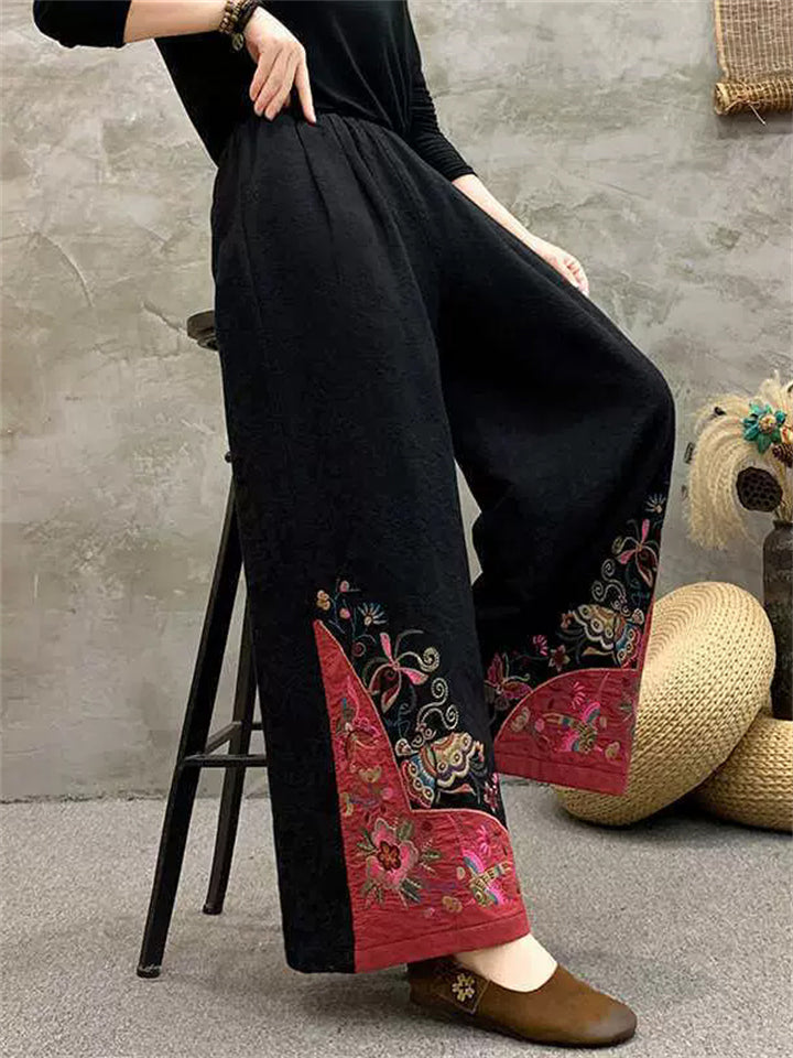 Women's Vintage Ethnic Style Flowers Embroidered Jacquard High Waist Pants