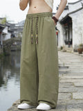 Men Japanese Streetwear Cotton Linen Drawstring Baggy Wide Leg Pants