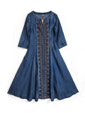 Women's Retro Hand-Embroidered Blue Denim A-Line Dress