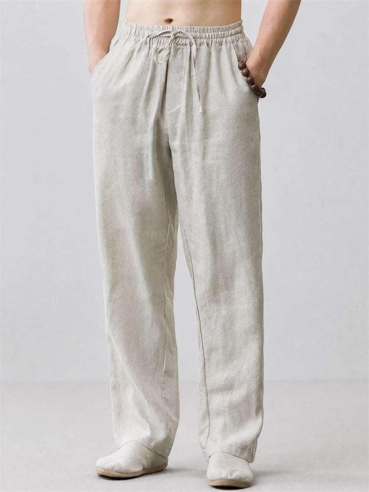 Mens Summer Breathable Linen Blend Wide Leg Drawstring Pants